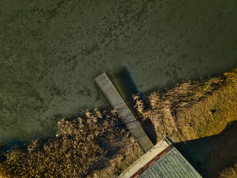 Letecký pohľad na mólo vyčnievajúce do zelenej vody pri brehu.