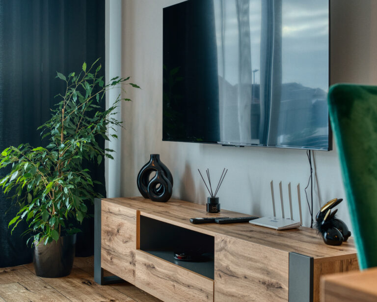 Interiér obývačky s TV na stene, drevenou skrinkou, izbovou rastlinou a modernými dekoráciami.